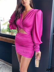 Amy Fashion - Elegant Chic Lantern Sleeve Satin Dress