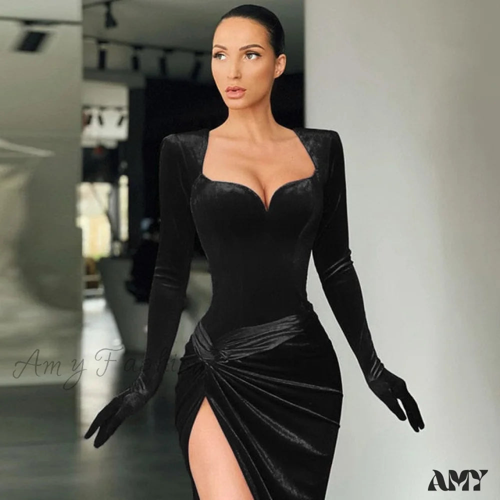 Amy Fashion - Elegant Evening Gloves Sleeve Velvet Slit Maxi Dress Black / M