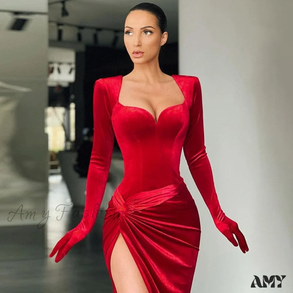 Amy Fashion - Elegant Evening Gloves Sleeve Velvet Slit Maxi Dress Red / L