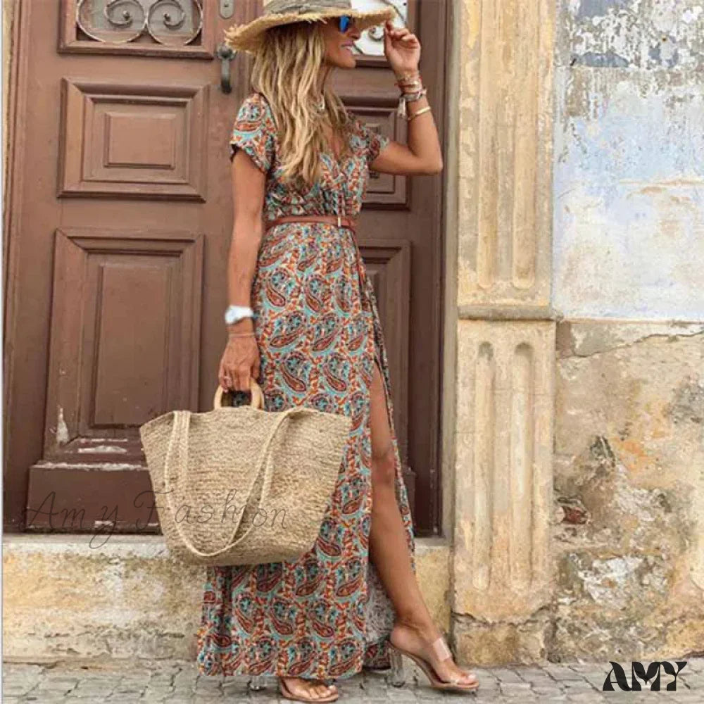 Amy Fashion - Elegant Evening Summer Long Boho Dress Brown / S