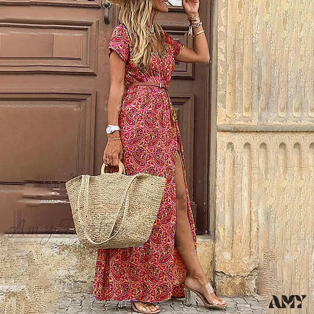 Amy Fashion - Elegant Evening Summer Long Boho Dress Dark Red / S