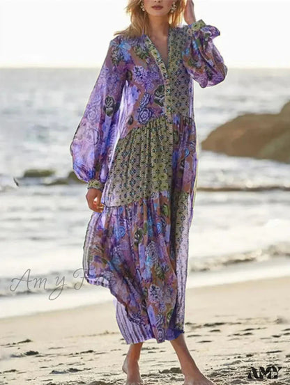 Amy Fashion - Elegant Floral Print Lantern Long Sleeve Chiffon Boho Dress