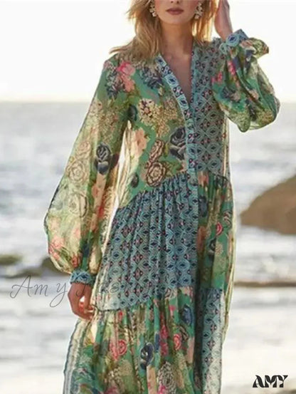 Amy Fashion - Elegant Floral Print Lantern Long Sleeve Chiffon Boho Dress