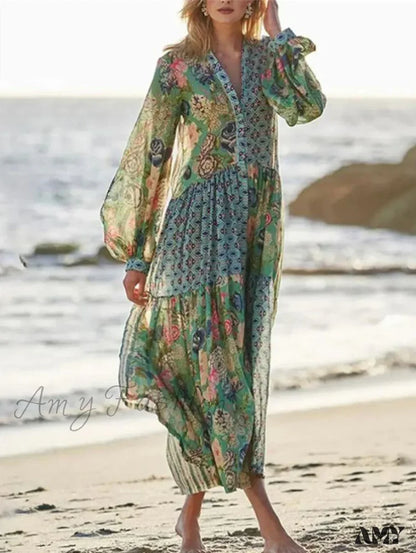 Amy Fashion - Elegant Floral Print Lantern Long Sleeve Chiffon Boho Dress