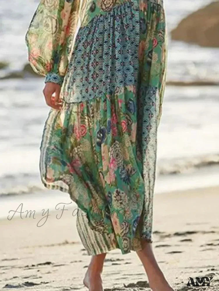 Amy Fashion - Elegant Floral Print Lantern Long Sleeve Chiffon Boho Dress