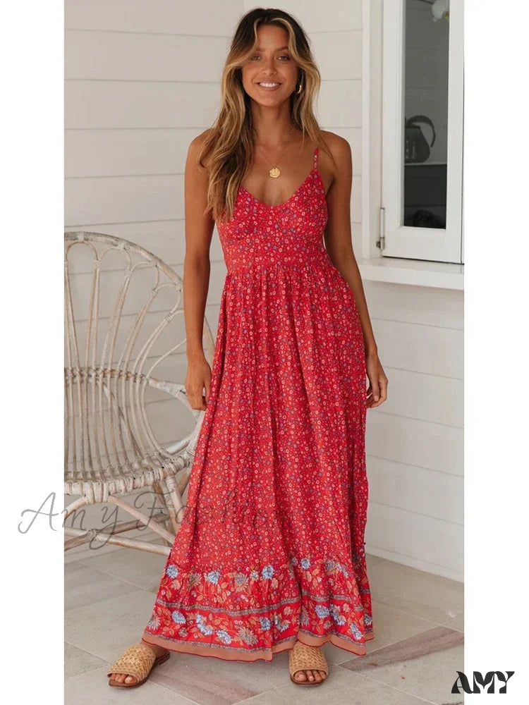 Amy Fashion - Elegant Floral V-Neck Sleeveless Boho Dress