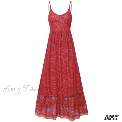 Amy Fashion - Elegant Floral V-Neck Sleeveless Boho Dress