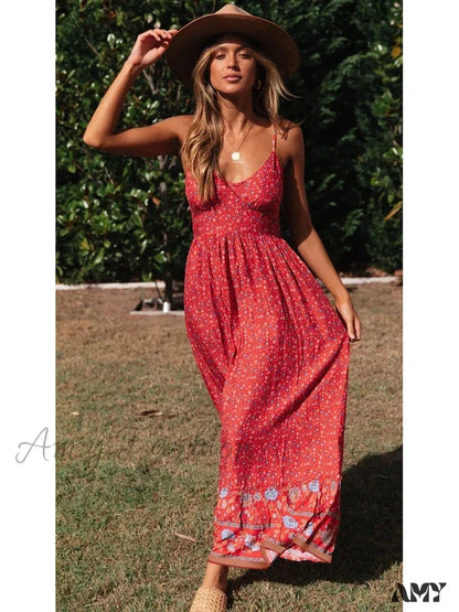 Amy Fashion - Elegant Floral V-Neck Sleeveless Boho Dress