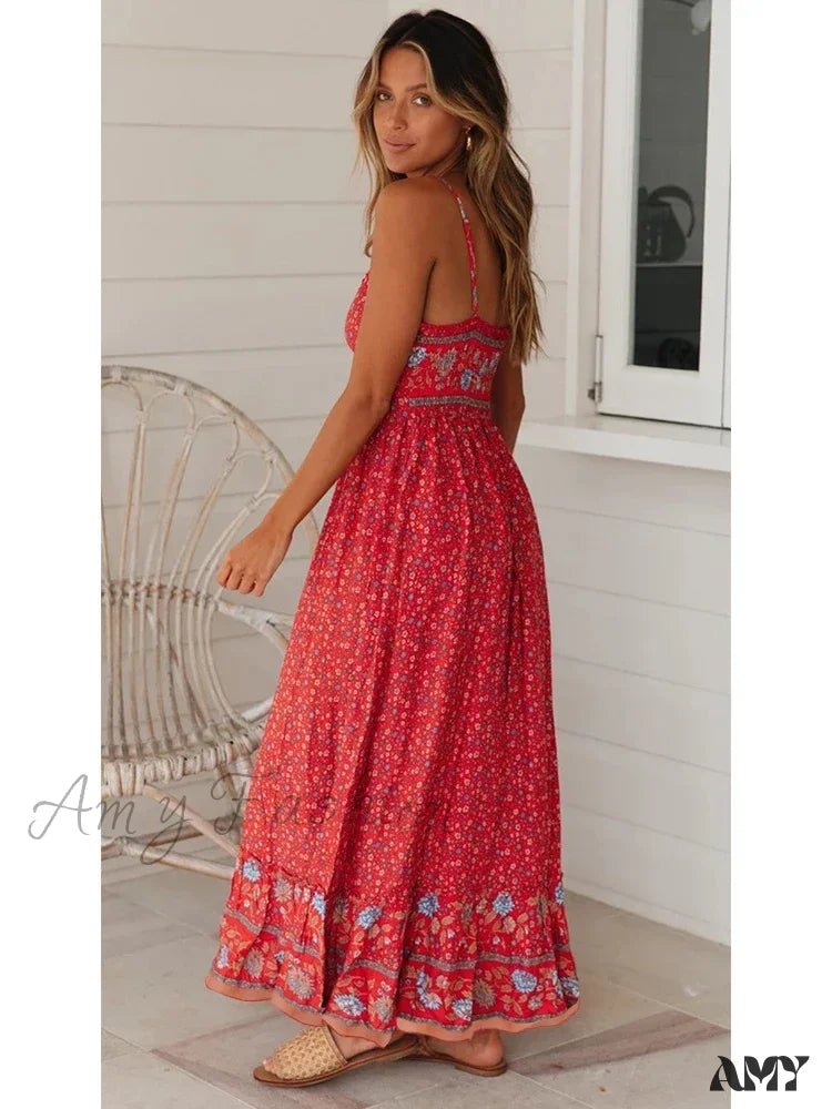 Amy Fashion - Elegant Floral V-Neck Sleeveless Boho Dress