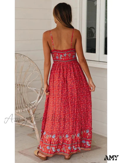 Amy Fashion - Elegant Floral V-Neck Sleeveless Boho Dress