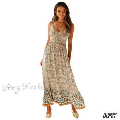 Amy Fashion - Elegant Floral V-Neck Sleeveless Boho Dress Beige / S