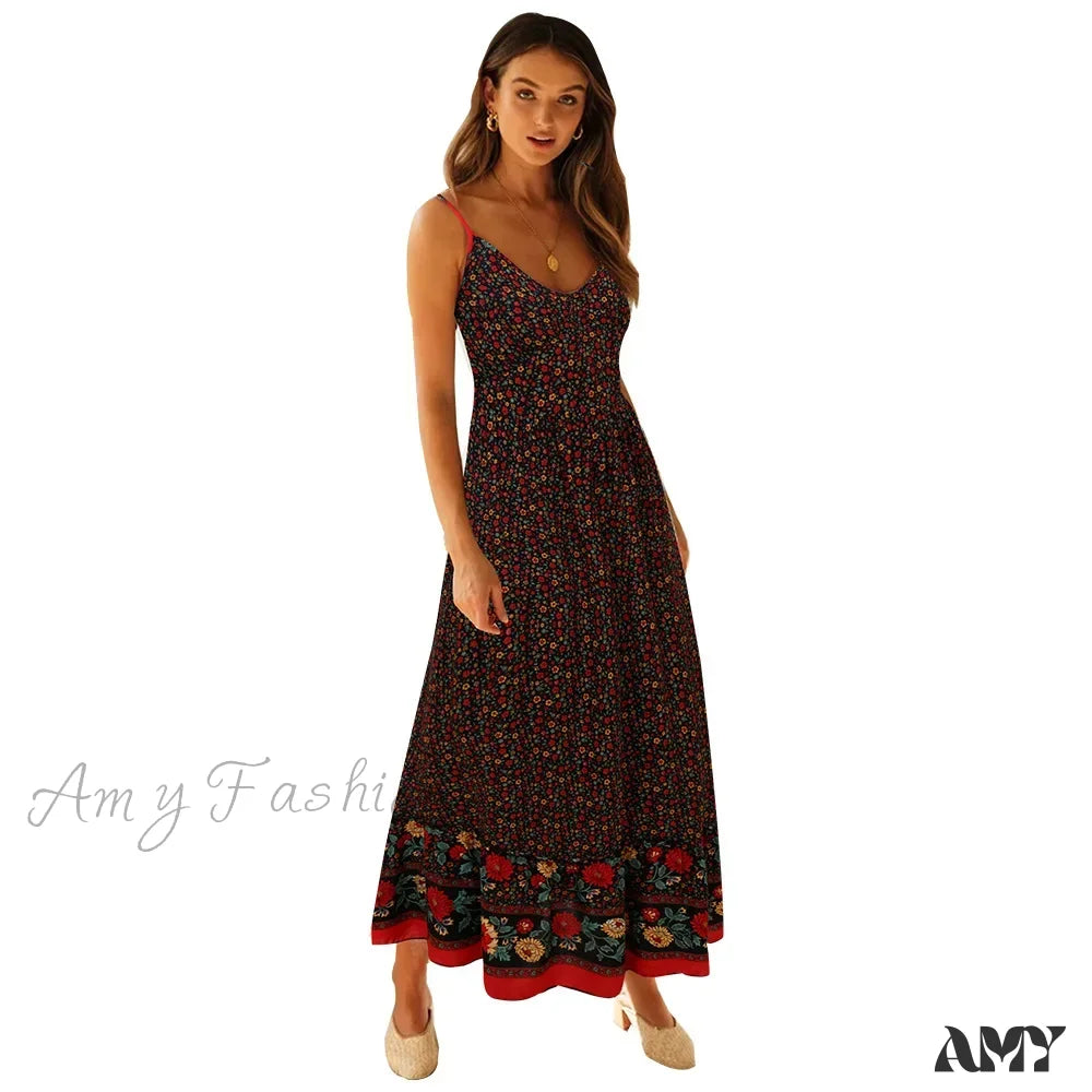 Amy Fashion - Elegant Floral V-Neck Sleeveless Boho Dress Black / S