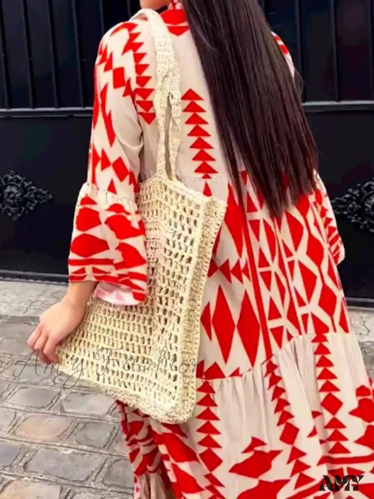 Amy Fashion - Elegant Geometric V-Neck Autumn Boho Dress