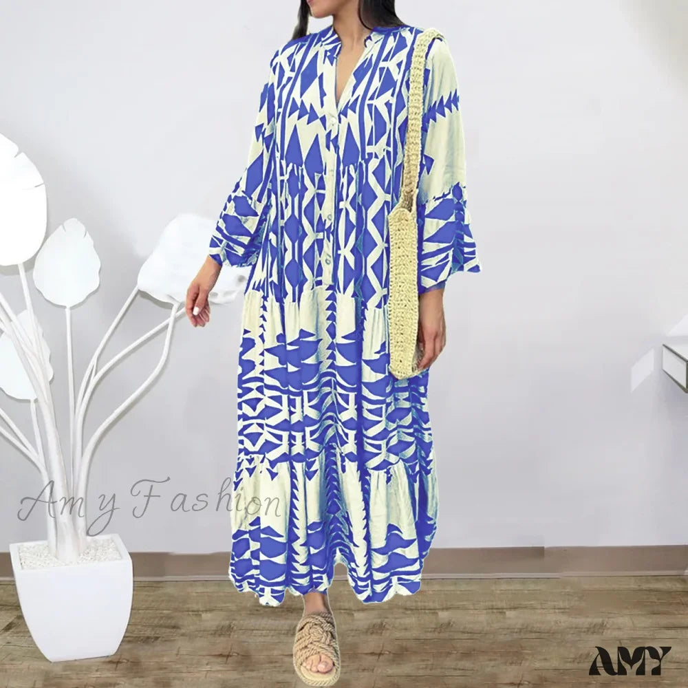 Amy Fashion - Elegant Geometric V-Neck Autumn Boho Dress Light Blue / S