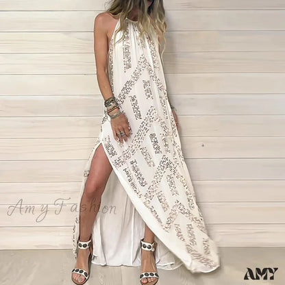 Amy Fashion - Elegant Lace Halter Backless Boho Dress White / Xs