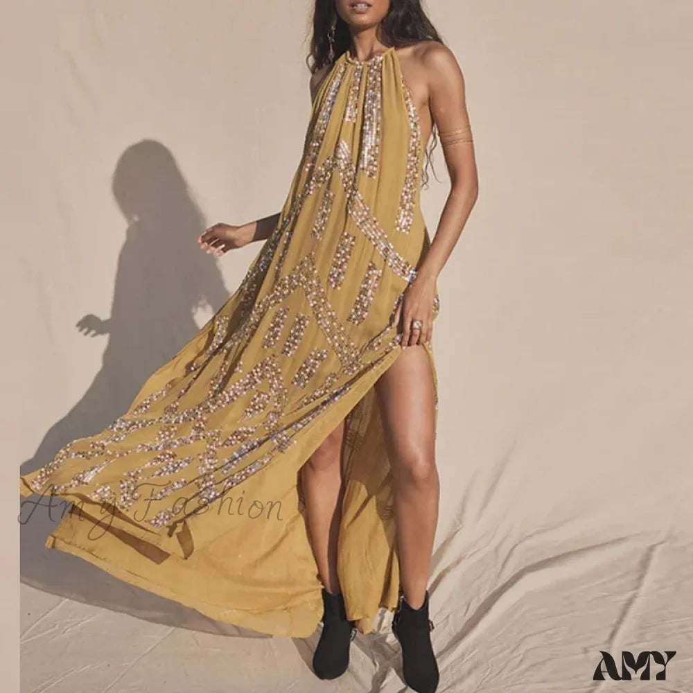 Amy Fashion - Elegant Lace Halter Backless Boho Dress Yellow / Xs