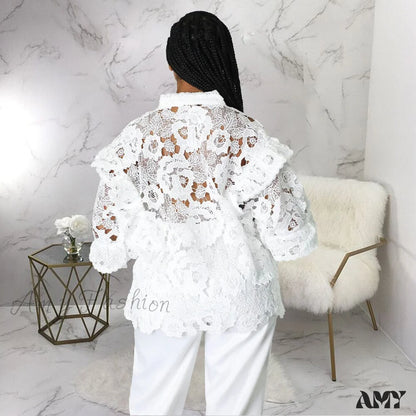 Amy Fashion - Elegant Lace See Though Ruffles Lantern Blouse