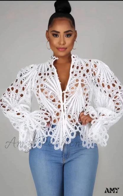 Amy Fashion - Elegant Lace See Though Ruffles Lantern Blouse Ivory / S