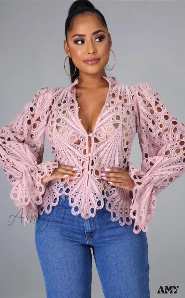 Amy Fashion - Elegant Lace See Though Ruffles Lantern Blouse Pink / S