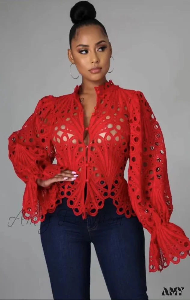 Amy Fashion - Elegant Lace See Though Ruffles Lantern Blouse Red / S