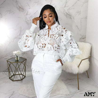 Amy Fashion - Elegant Lace See Though Ruffles Lantern Blouse White / S