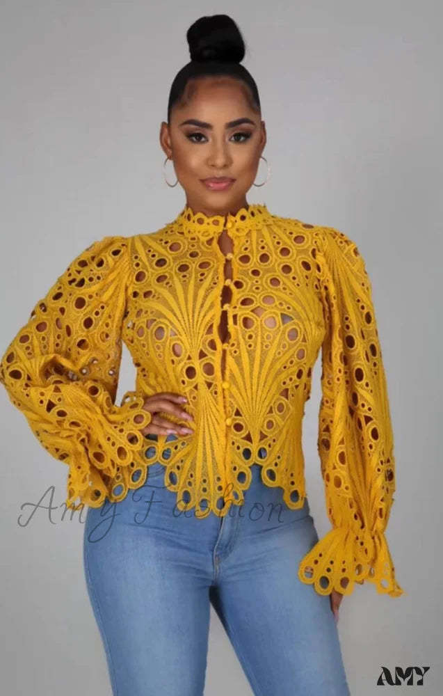 Amy Fashion - Elegant Lace See Though Ruffles Lantern Blouse Yellow / S