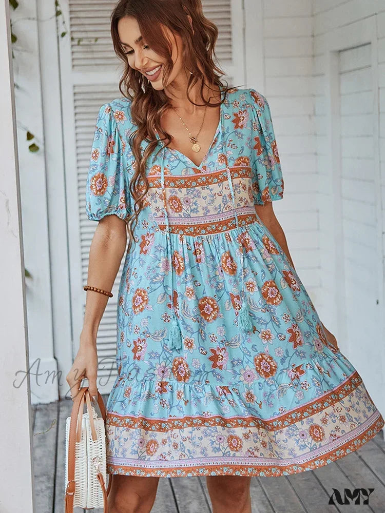 Amy Fashion - Elegant Lace-Up Green Sundress Women Boho Dress Blue / S