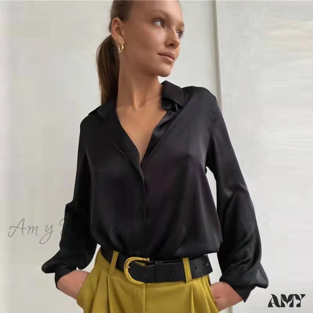 Amy Fashion - Elegant Long Sleeve Green Silk Blouse