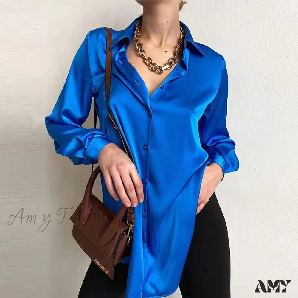 Amy Fashion - Elegant Long Sleeve Green Silk Blouse