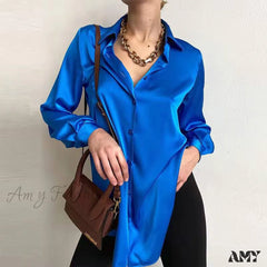 Amy Fashion - Elegant Long Sleeve Green Silk Blouse