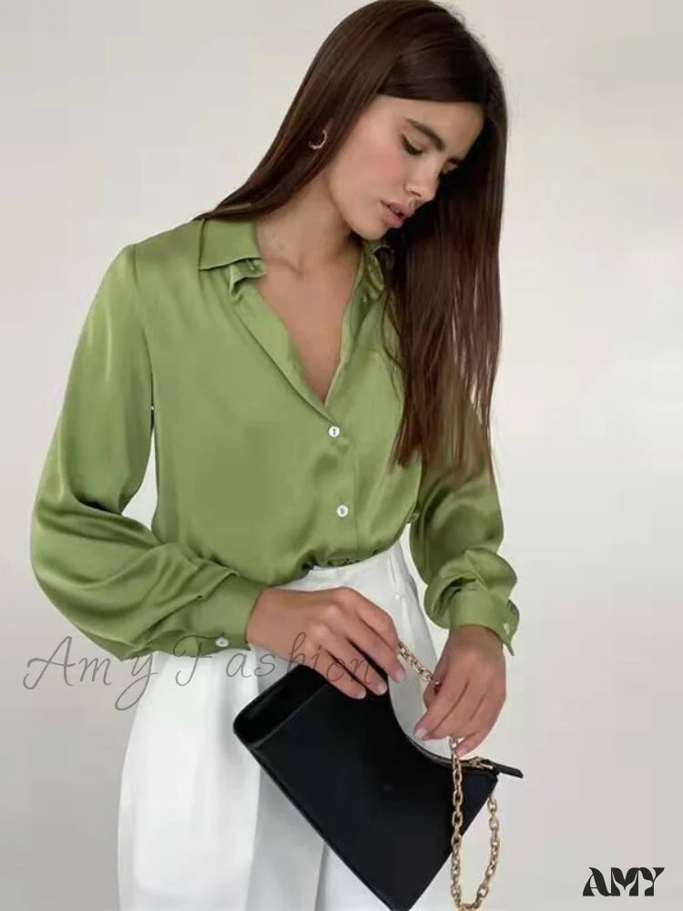Amy Fashion - Elegant Long Sleeve Green Silk Blouse Light / S
