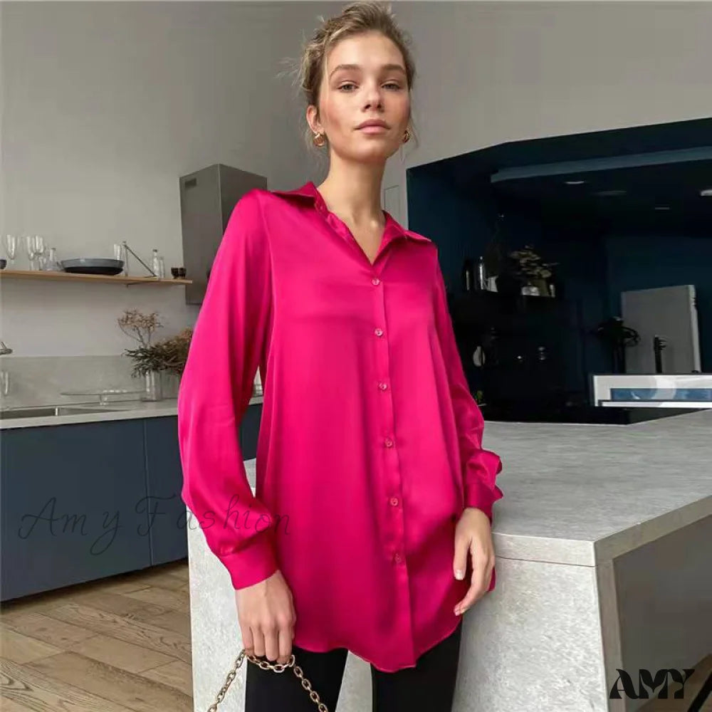 Amy Fashion - Elegant Long Sleeve Green Silk Blouse Red / S