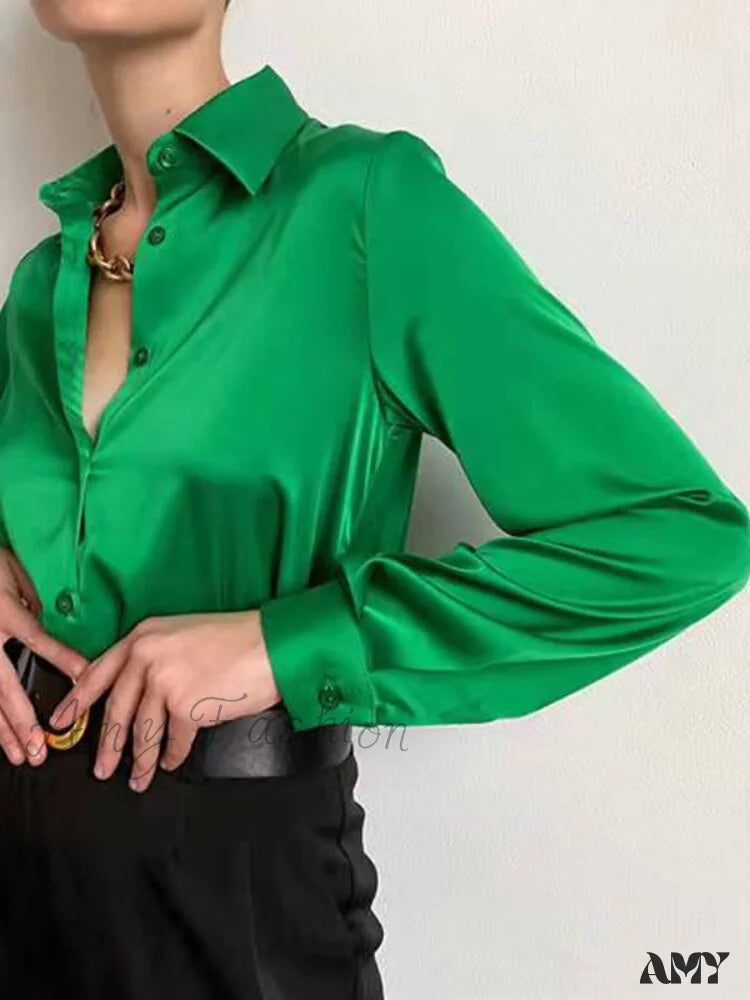 Amy Fashion - Elegant Long Sleeve Green Silk Blouse Green / S