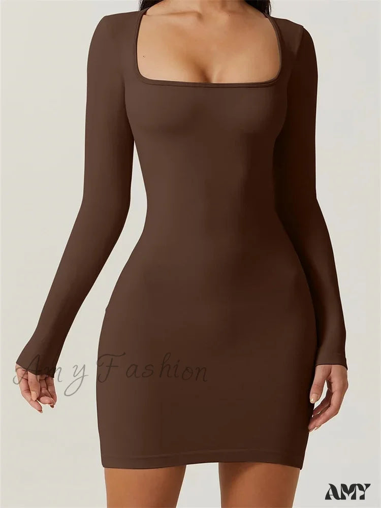 Amy Fashion - Elegant Long Sleeve Pencil Square Neck Low Mini Dress Brown / S