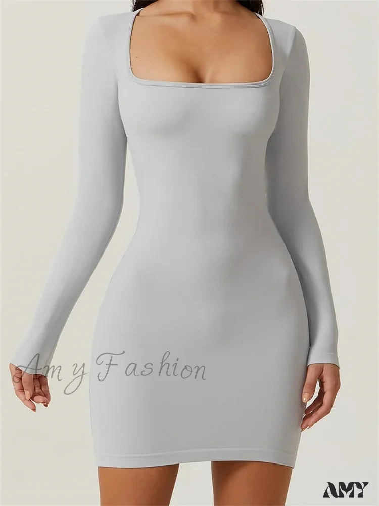 Amy Fashion - Elegant Long Sleeve Pencil Square Neck Low Mini Dress Grey / S