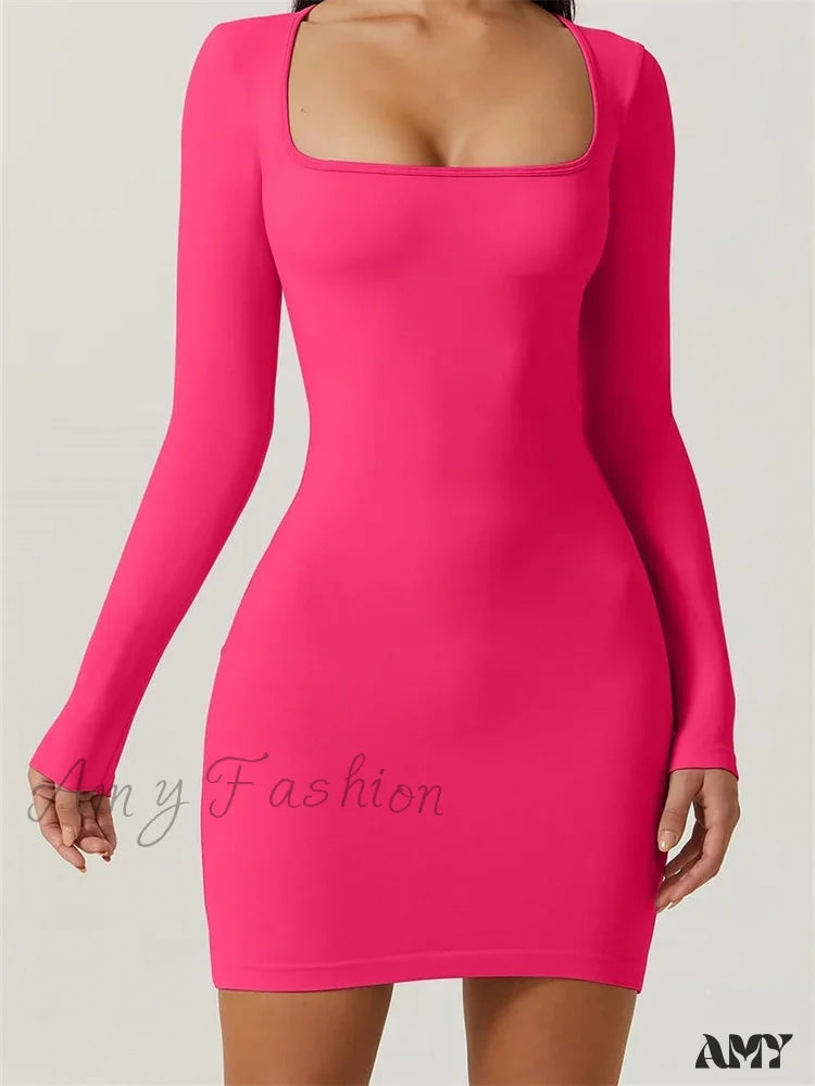 Amy Fashion - Elegant Long Sleeve Pencil Square Neck Low Mini Dress Pink / S