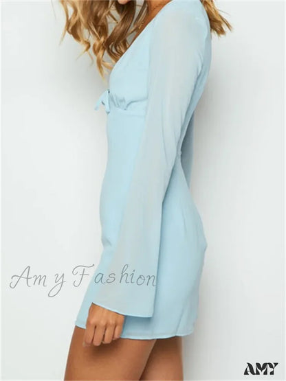 Amy Fashion - Elegant Long Sleeve Solid Casual Deep V Neck Mini Dress