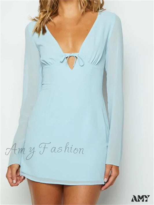 Amy Fashion - Elegant Long Sleeve Solid Casual Deep V Neck Mini Dress