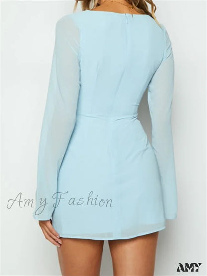 Amy Fashion - Elegant Long Sleeve Solid Casual Deep V Neck Mini Dress