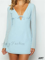 Amy Fashion - Elegant Long Sleeve Solid Casual Deep V Neck Mini Dress Blue / S