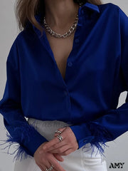 Amy Fashion - Elegant Long Sleeve Spliced Feathers Solid Blouse