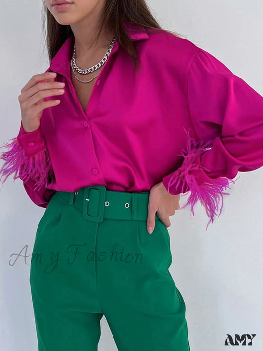 Amy Fashion - Elegant Long Sleeve Spliced Feathers Solid Blouse