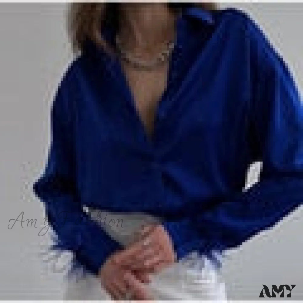 Amy Fashion - Elegant Long Sleeve Spliced Feathers Solid Blouse Deep Blue / S