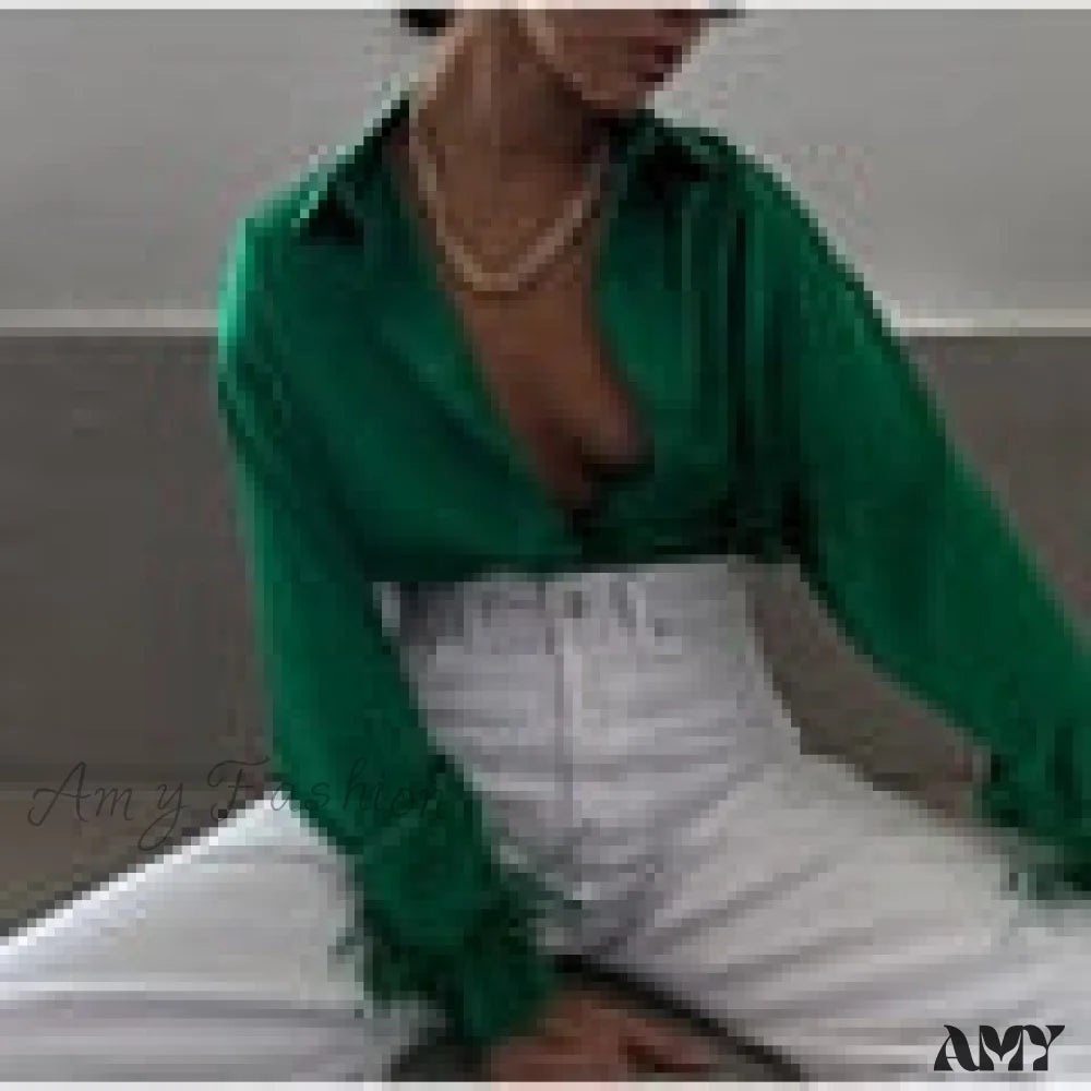 Amy Fashion - Elegant Long Sleeve Spliced Feathers Solid Blouse Green / S