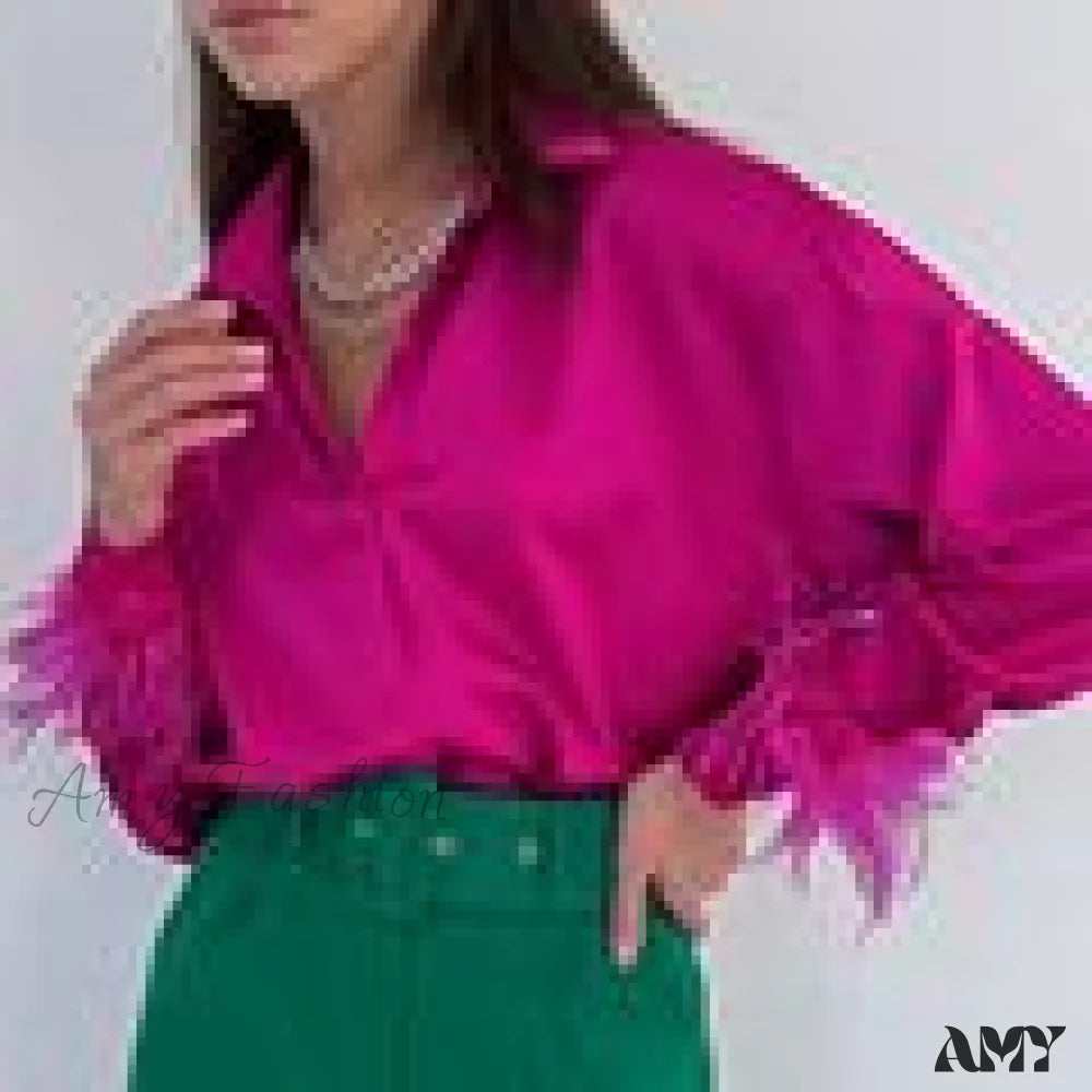 Amy Fashion - Elegant Long Sleeve Spliced Feathers Solid Blouse Rose Red / S
