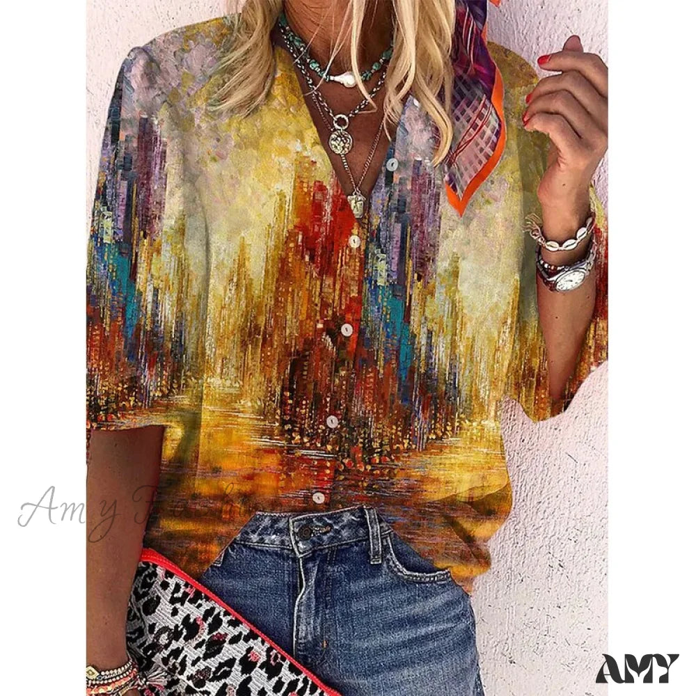 Amy Fashion - Elegant Loose Abstraction Print Shirt 1 / S