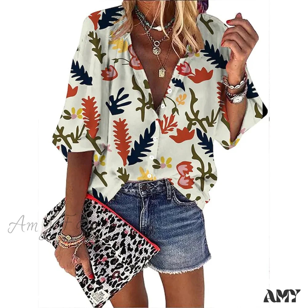 Amy Fashion - Elegant Loose Abstraction Print Shirt 10 / S