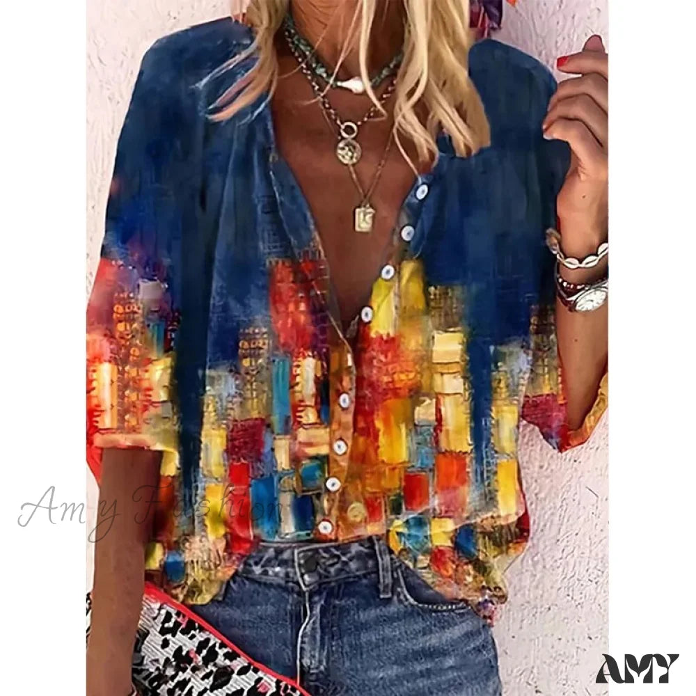 Amy Fashion - Elegant Loose Abstraction Print Shirt 13 / S