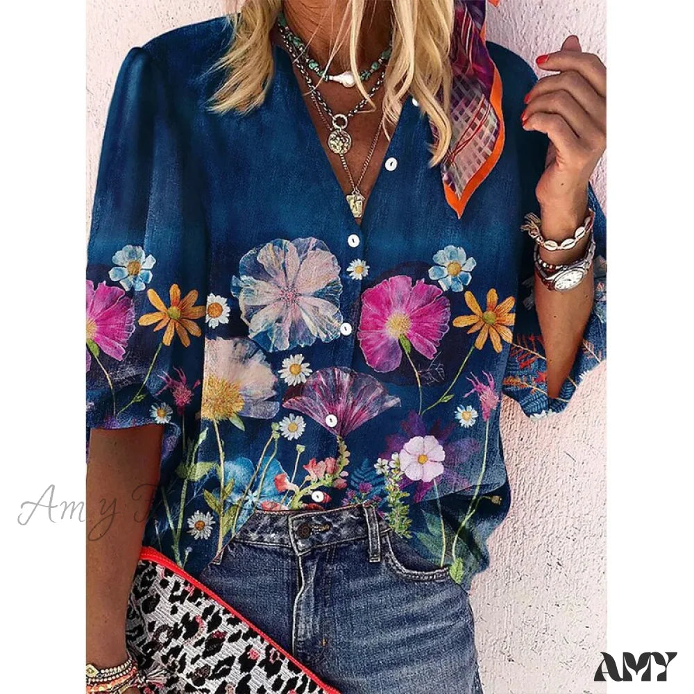 Amy Fashion - Elegant Loose Abstraction Print Shirt 2 / S