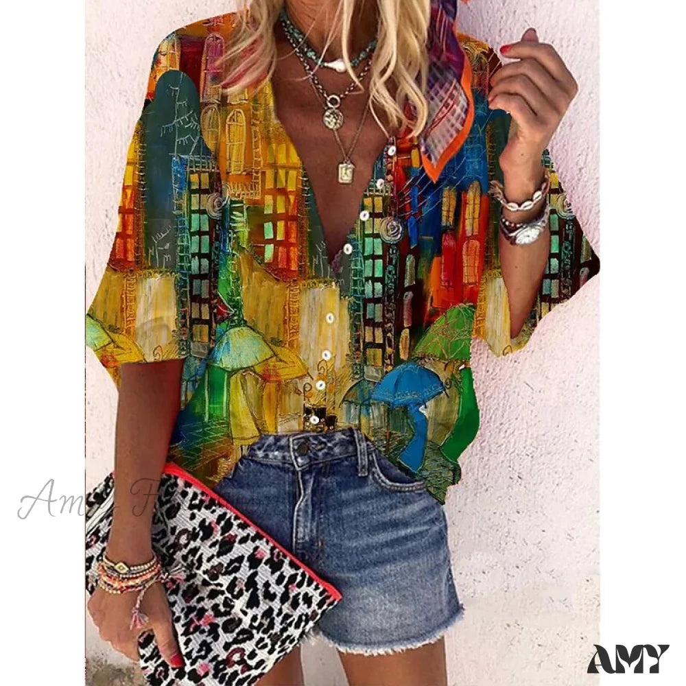 Amy Fashion - Elegant Loose Abstraction Print Shirt